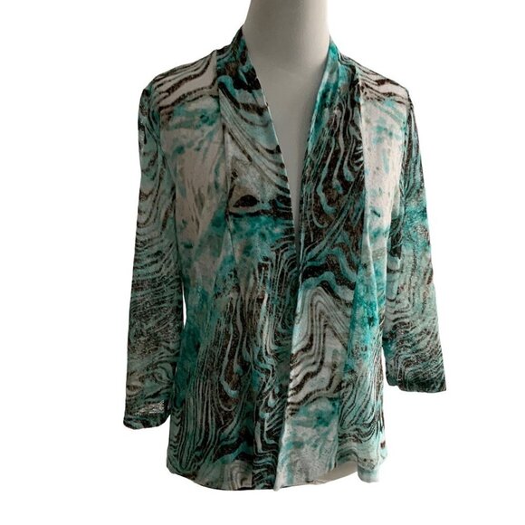 Chico's OPEN FRONT CARDIGAN M Brown, White, Turquoise  POLYESTER, SPANDEX OFFICE - Picture 1 of 10